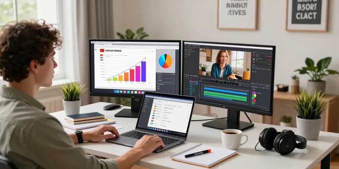 Content creator strategizing to get YouTube views with multiple screens, video editing software, and analytics data in a vibrant home office.
