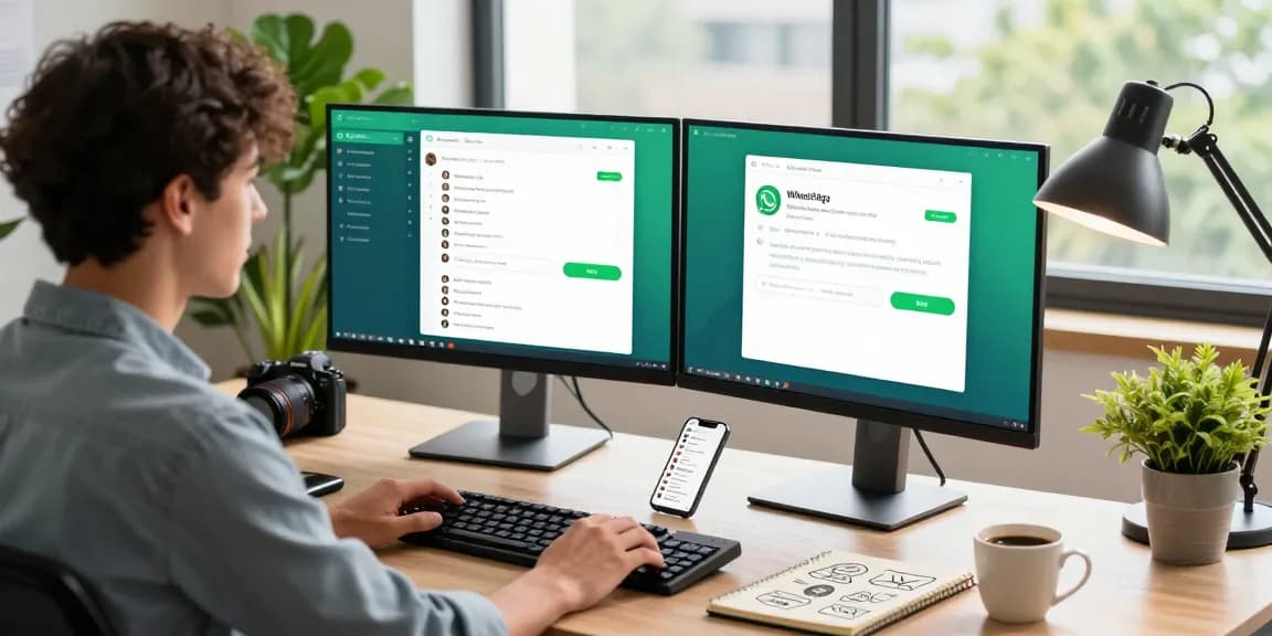 Engaged user utilizing WhatsApp網頁版 on a desktop, showcasing productivity in a stylish workspace.