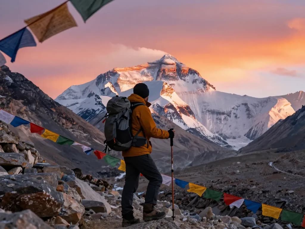 Adventurer reaching Everest Base Camp with breathtaking views of snow-capped peaks and Khumbu Glacier at sunrise.
