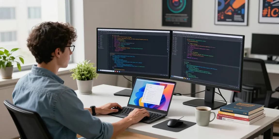 Developer coding on dual monitors for 纸飞机中文版 app in a modern workspace.