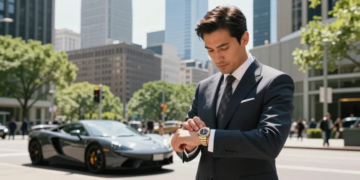 Stylish man checking time on a rolex super clone watch in a vibrant urban setting, reflecting luxury and sophistication.