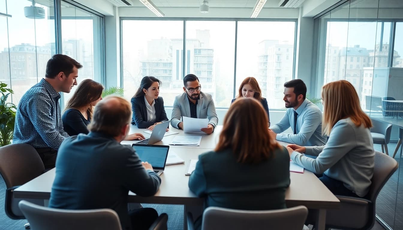 Collaborative discussion on contracts and grants in a modern office setting.