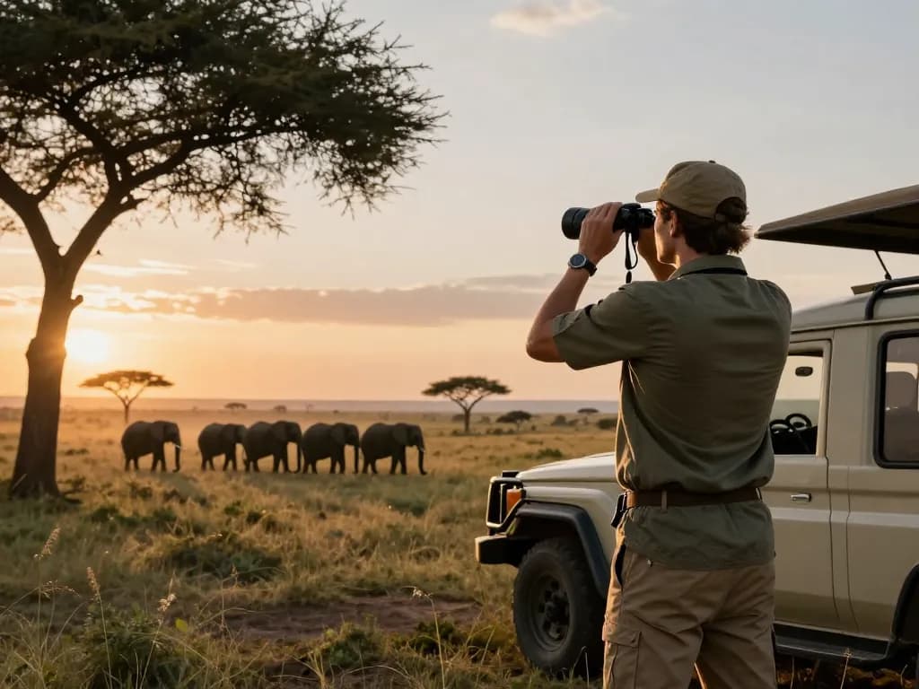 Tanzania safari tours in Serengeti with traveler observing elephants at sunset.