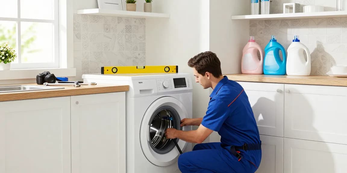 Professional technician performing a washer hook up installation in a bright laundry room.