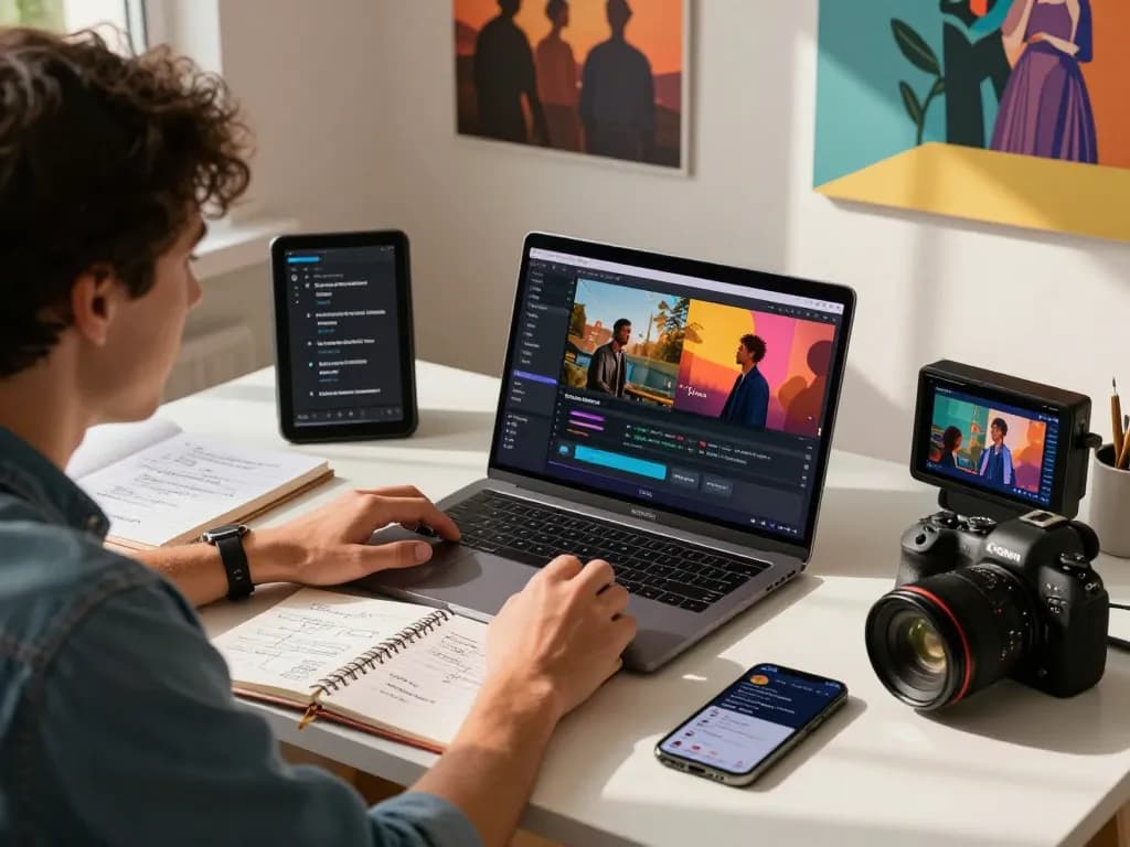 Generate video to prompt insights in a creative workspace with a content creator, laptop, and cinematic visuals.