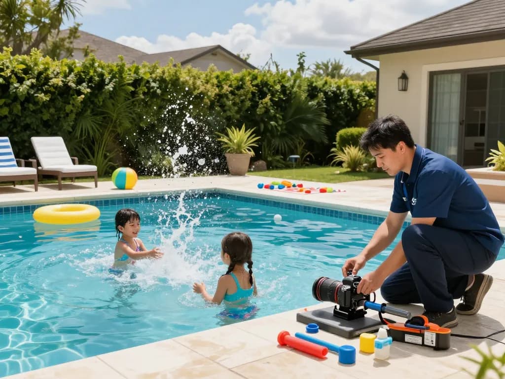 Dolphin Pool Services technician inspecting a residential pool while a family enjoys swimming, showcasing expert maintenance.