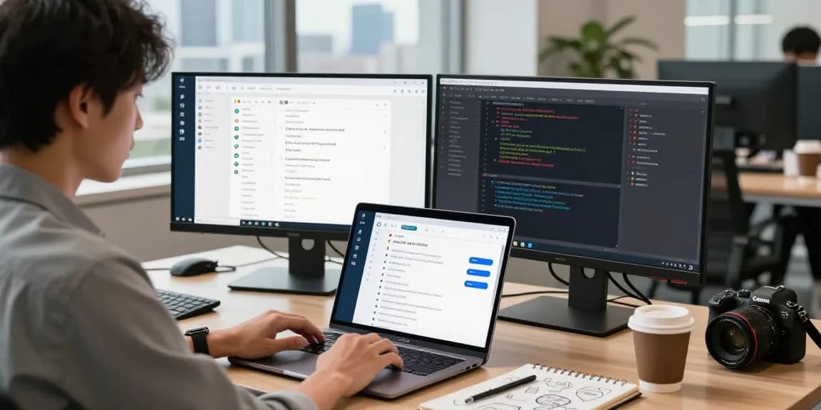 Dynamic workspace with professional using 纸飞机中文版 app on laptop in urban office.