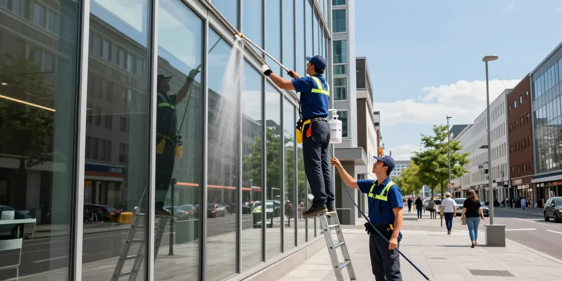 Professionelle Gebäudereinigung Dortmund im Einsatz, Glasreinigung eines Hochhauses durch erfahrene Reinigungskräfte.