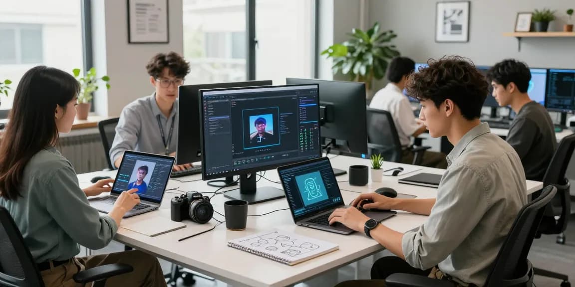 AI image detector workspace with professionals analyzing detection algorithms in a bright office.