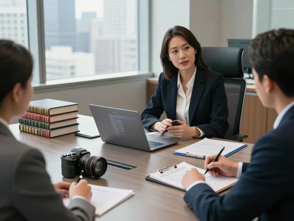 Consultation between USA lawyers and client in professional legal office setting.