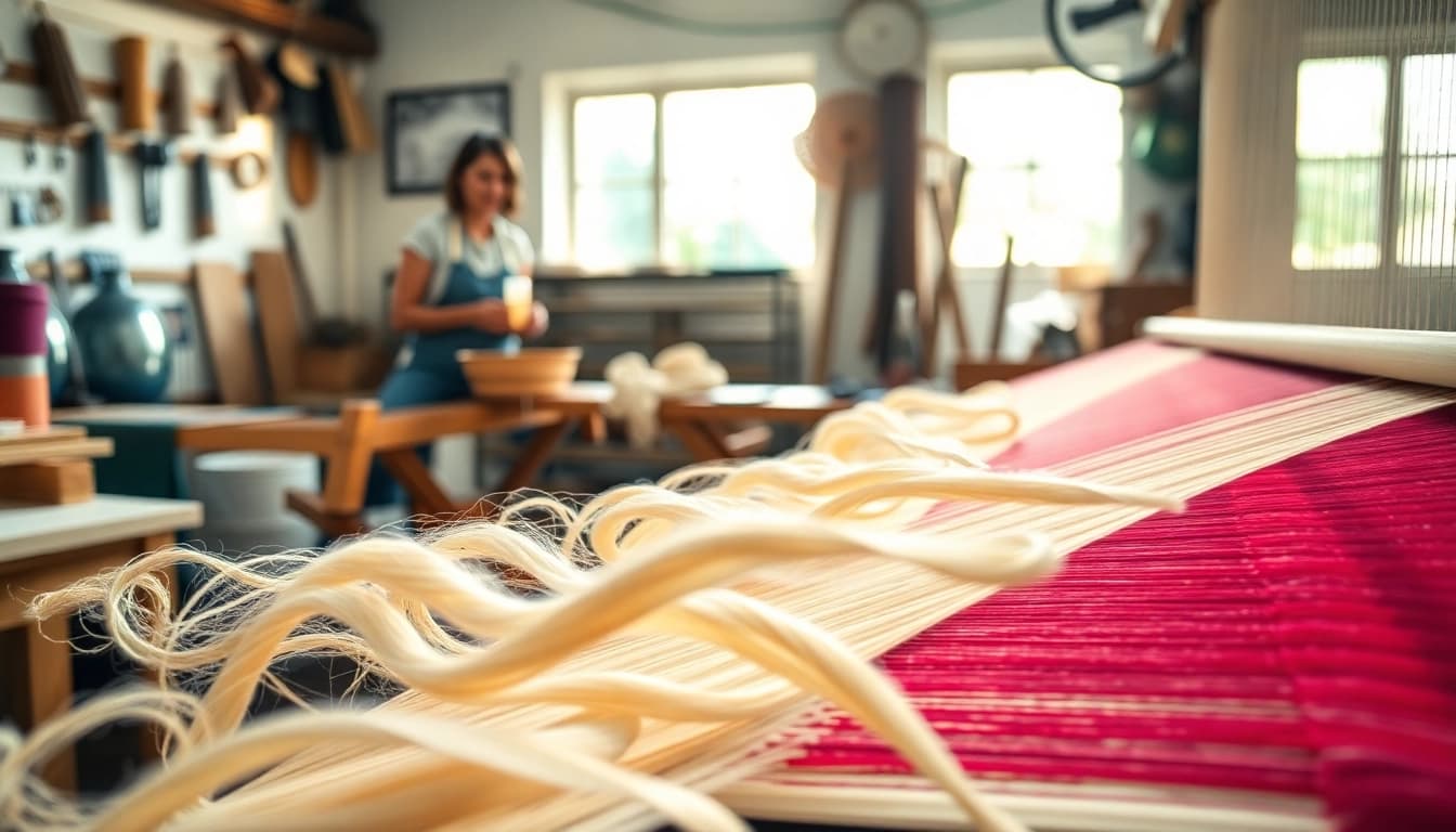 Creëren van een prachtig viscose materiaal op een traditionele weefgetouw.