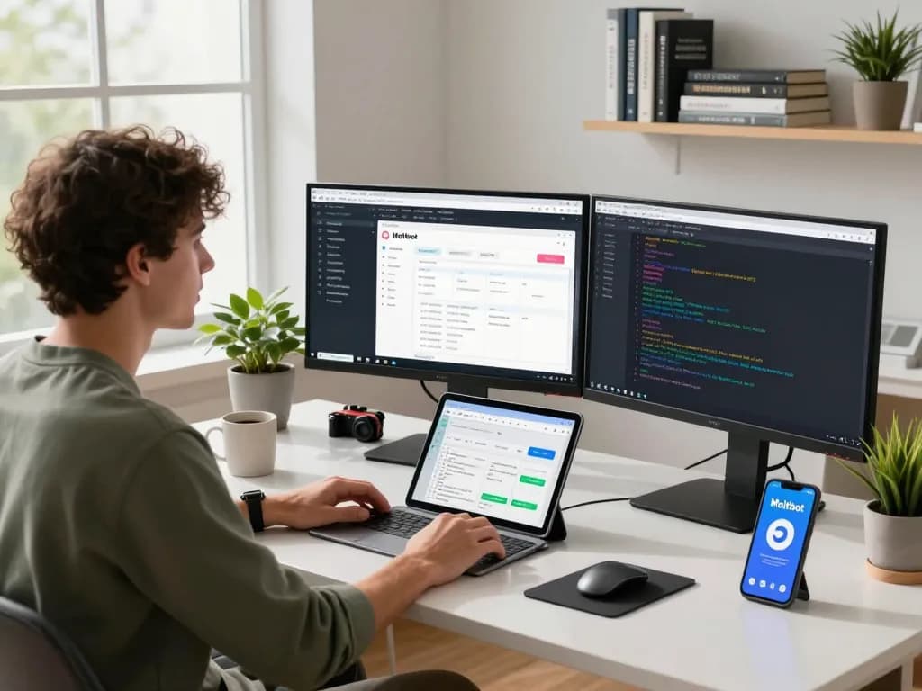 Moltbot AI features on multiple monitors in a modern developer workspace, showcasing proactive communication and system-level execution.