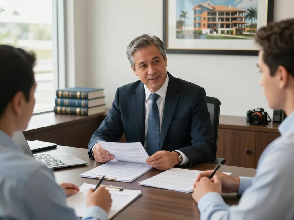 Boca Raton Construction Litigation Lawyer reviewing contracts in a collaborative office setting.