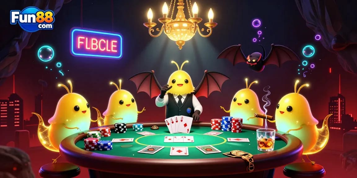 Experience thrilling poker action at Fun88 com featuring glowing glowworms and a bat dealer in a lively cave casino.