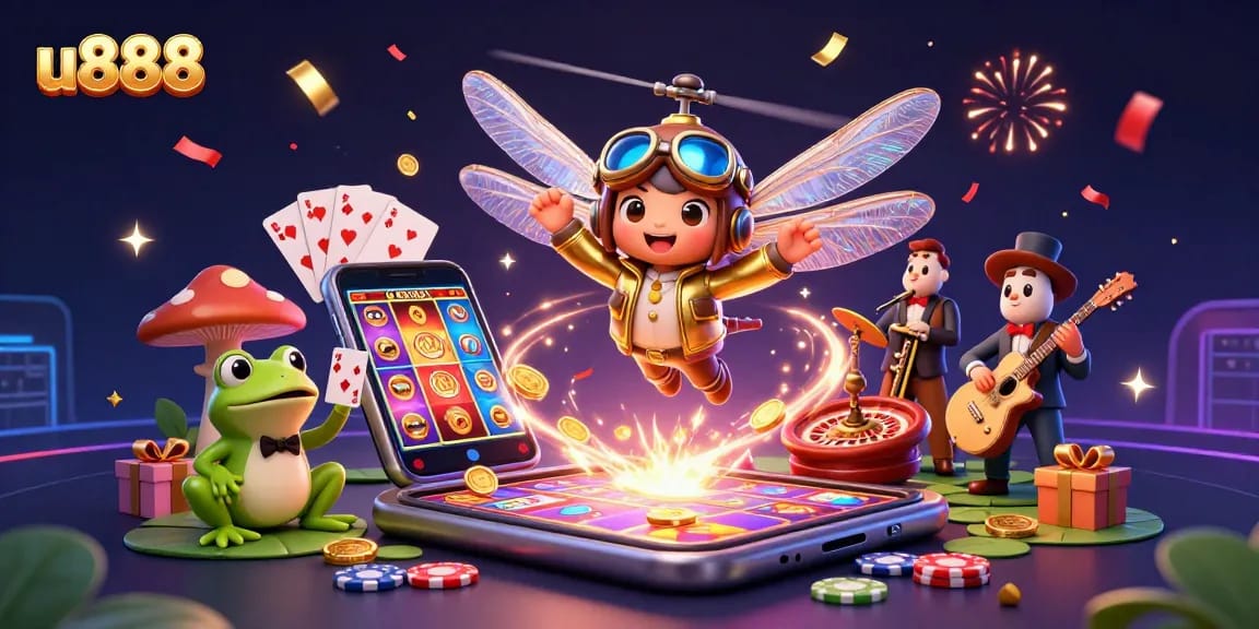 Spin and win with u888 in an exciting casino scene featuring jazz musicians and vibrant games.