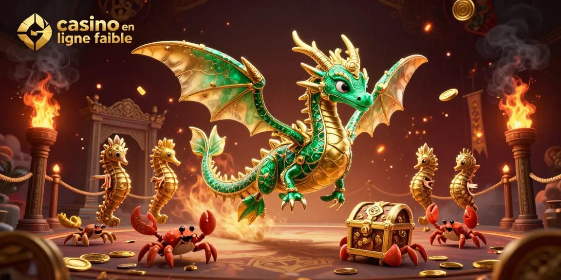 Vivez des moments palpitants au casino en ligne fiable avec une illustration 3D vibrante d'un dragon de mer et de trésors.