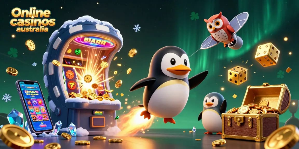 Experience thrilling action at online casinos Australia with a vibrant 3D casino adventure featuring a golden penguin.