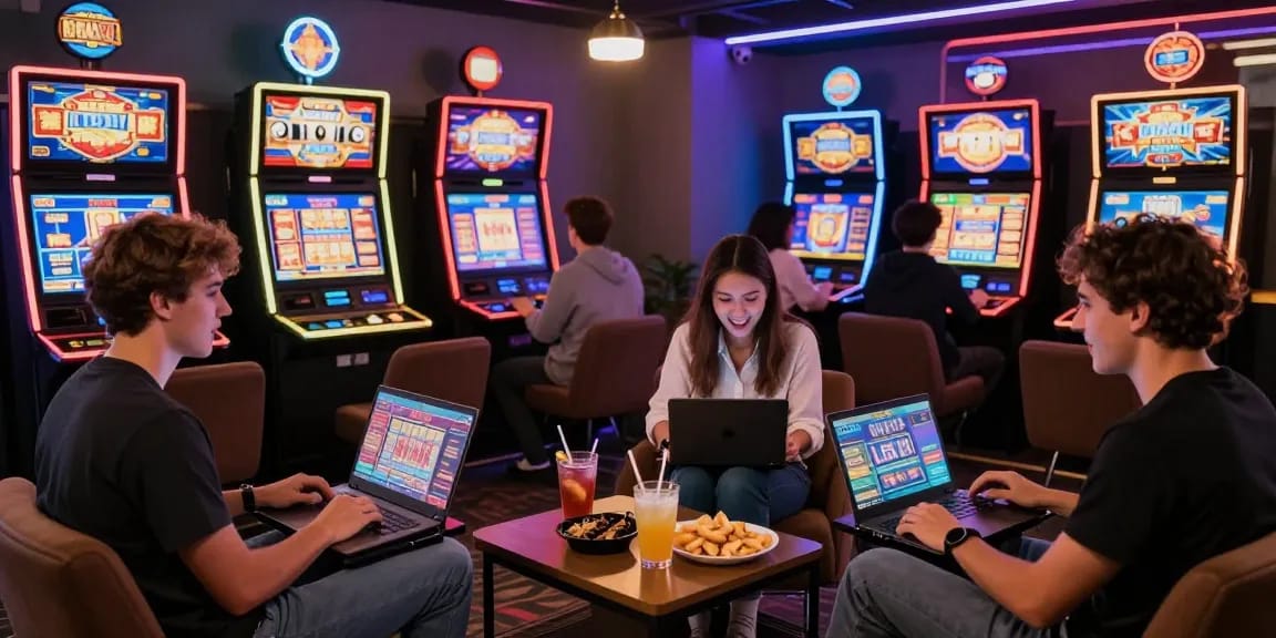 Engaging slot modal 5k gaming scene with friends enjoying online play.