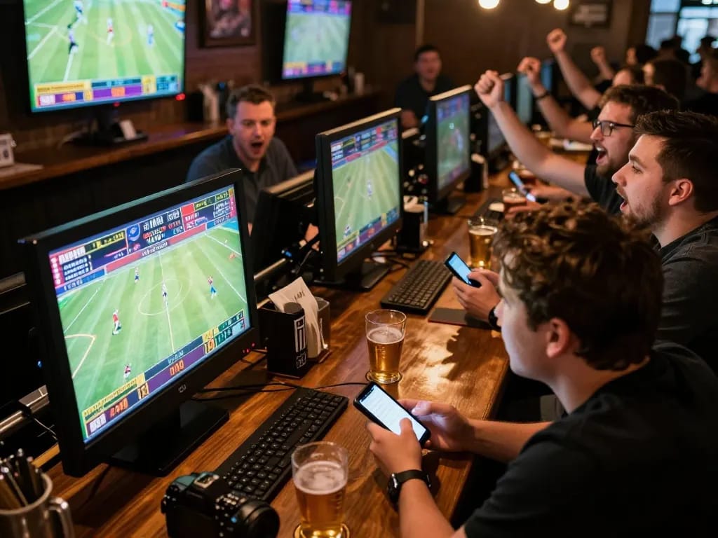 nhandinhkeonhacai capturing sports betting excitement with fans placing bets and watching games.