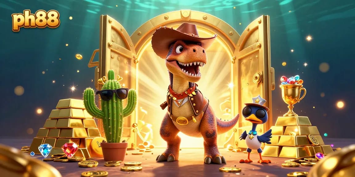 Engage in thrilling gameplay with ph88, featuring cartoon dinosaur cowboy and treasure elements.