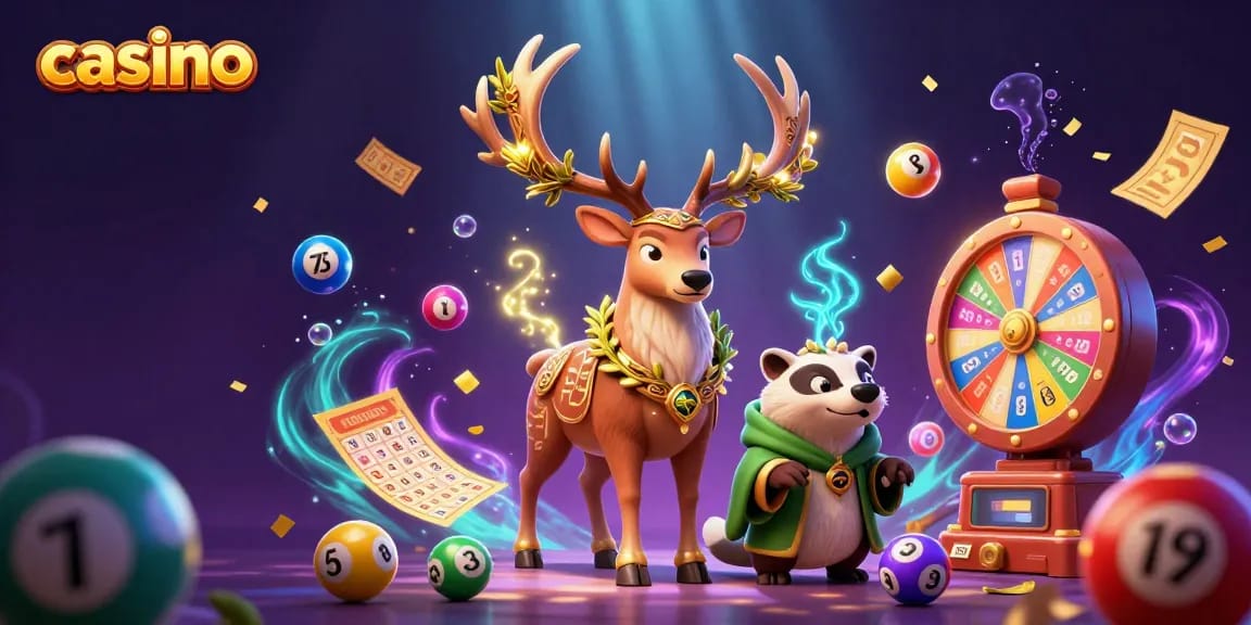 Engage in vibrant casino action with druid stag, badger, and lottery elements.