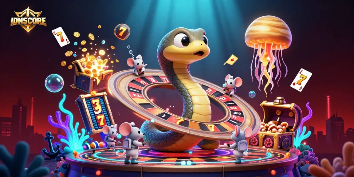Experience the excitement of IDNSCORE with a vibrant 3D illustration showcasing casino elements and space-themed characters.