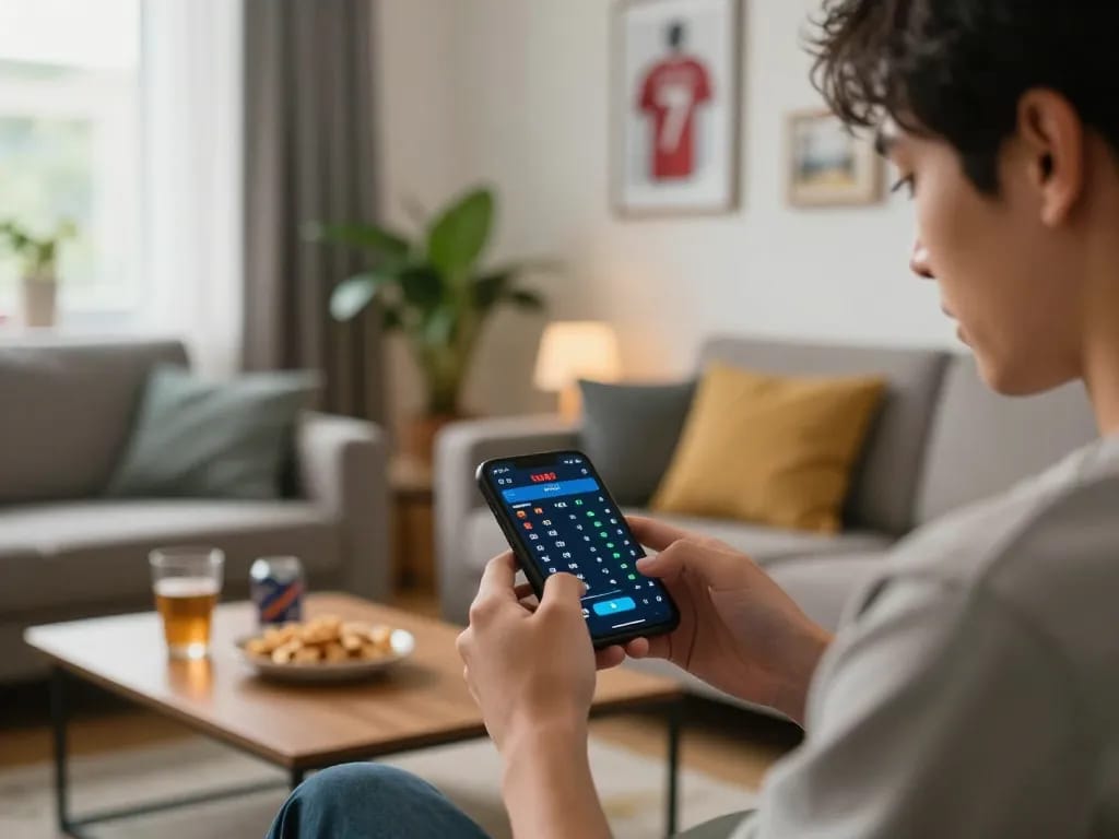 Bongdalu user engaging with live sports betting on smartphone in a cozy home setting
