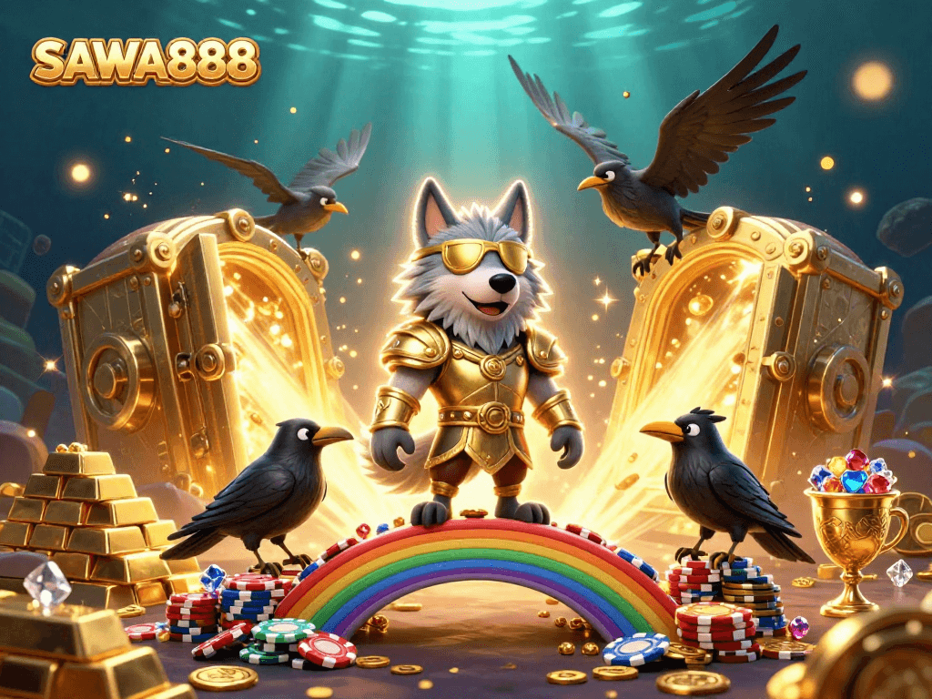 Experience thrilling games at SAWA888 with Odin and his ravens amidst casino treasures.