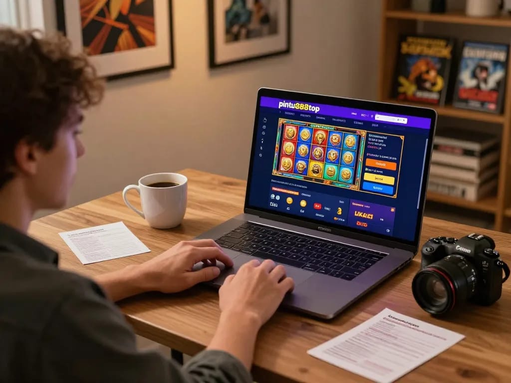 Engaging player using pintu888top on a laptop in a cozy home office, showcasing online gambling.
