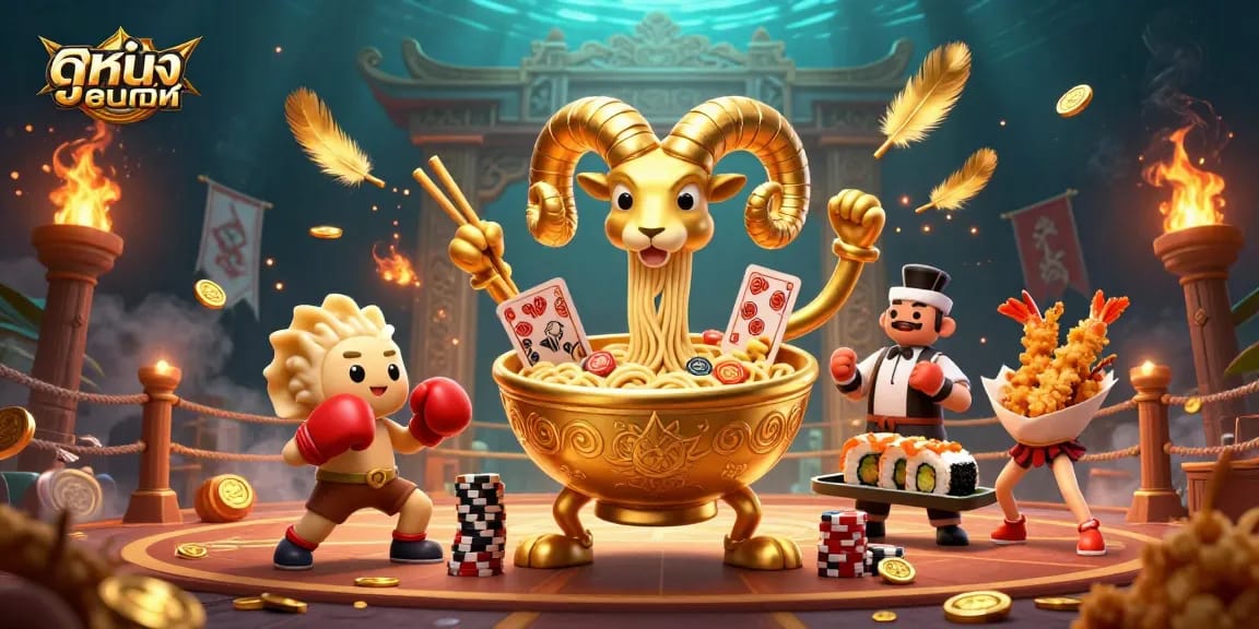 Engage with ดูหนังออนไลน์ as the golden ramen bowl deals cards amidst a vibrant casino scene.