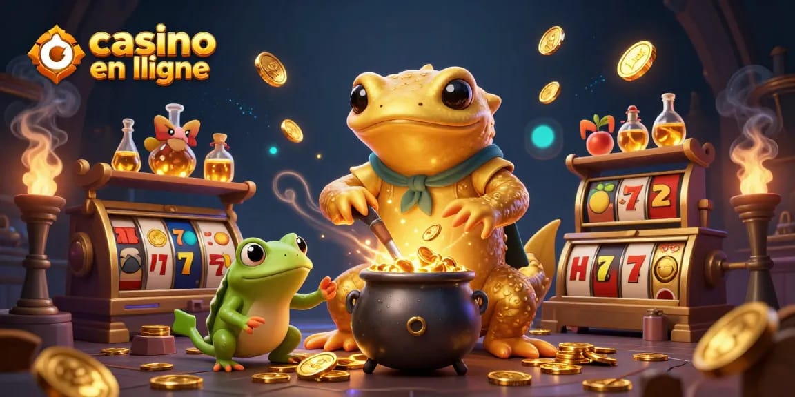 Jouer au casino en ligne avec une illustration de créatures fantastiques et des éléments dorés captivants.