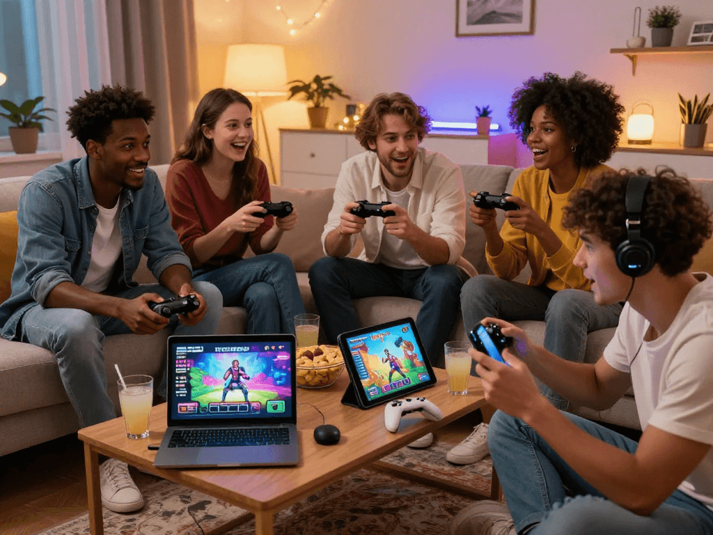 Exciting group enjoying a sex game on multiple devices in a lively living room