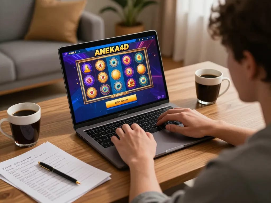Pemain menikmati permainan online dengan login aneka4d di laptop, dikelilingi oleh catatan strategi taruhan.