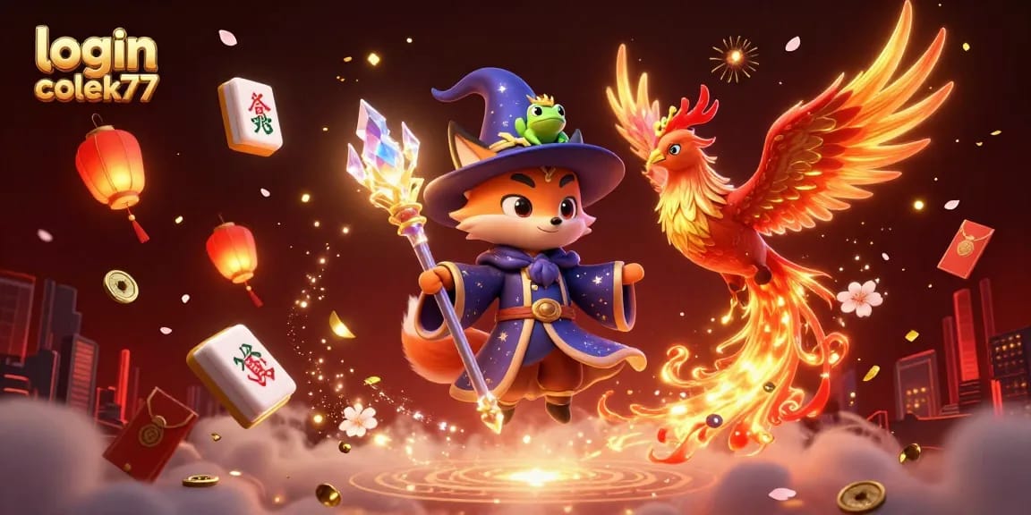 Experience the thrill of gaming at login colek77 with a magical scene of a wizard and phoenix in a casino setting.