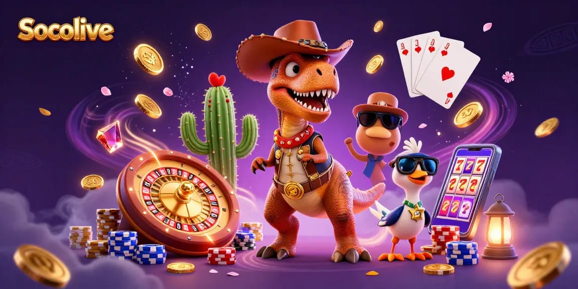 Socolive champions dynamic sports betting with a vibrant, engaging illustration showcasing cowboy dinosaur characters and casino elements.