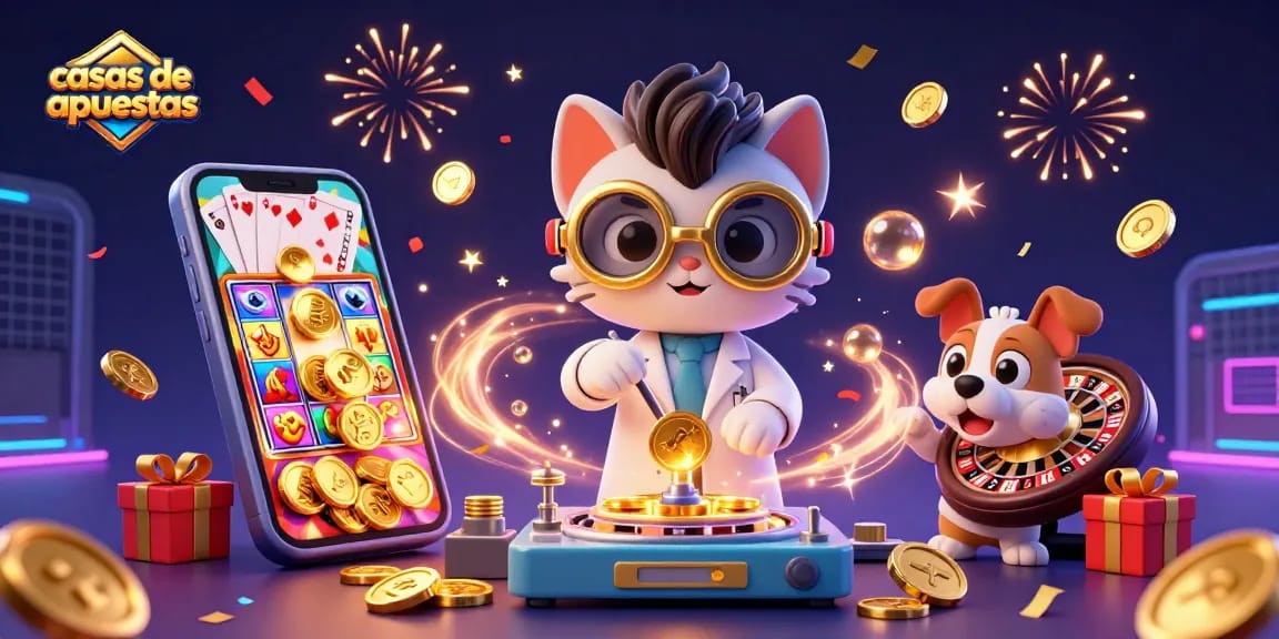 Ilustración 3D de casas de apuestas con un gato científico y un perro asistente rodeados de juegos de azar.