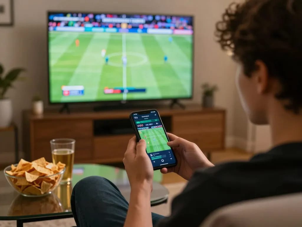 Person engaging with the bongdallu sports betting app on smartphone during live game.