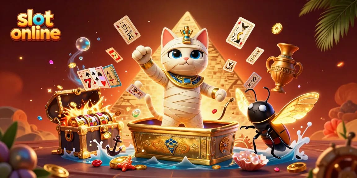 Mainkan slot online dengan karakter kucing mumi 3D dan harta karun yang berkilauan.