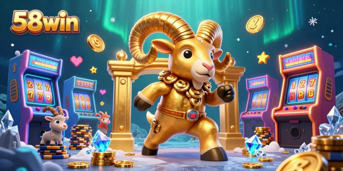 Experience the thrill of 58win with stunning visuals of a golden ram charging through a dynamic casino scene.