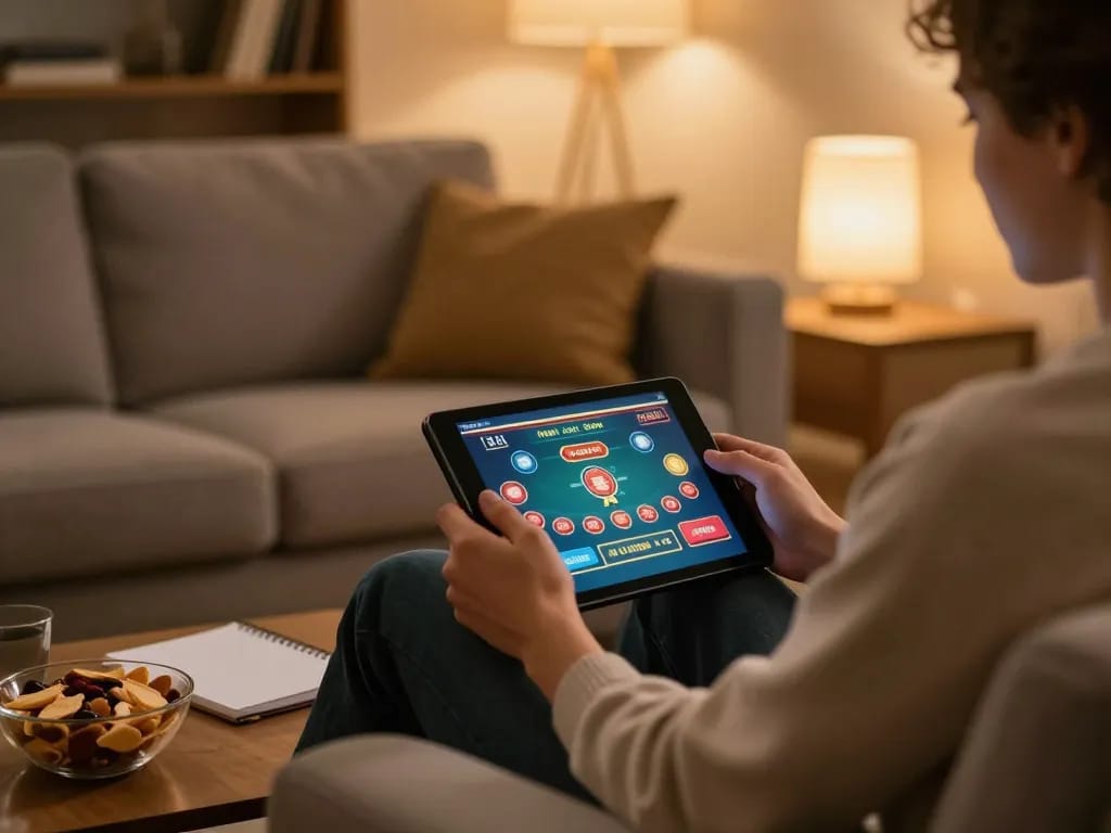 Player engaging with ALO8 platform on tablet in a cozy home setting, highlighting relaxed online gaming
