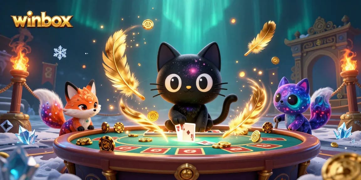 Winbox features a whimsical cosmic casino scene with a black hole cat and nebula fox collecting golden chips.