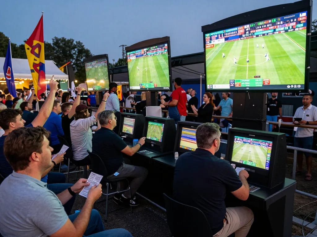 Engaged fans at an outdoor sports betting venue excitedly celebrating while placing bets with fc88 on digital screens