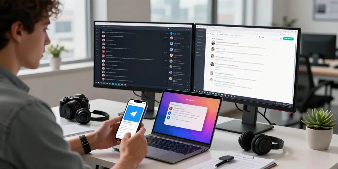 Engaging tech workspace showcasing telegramin-cn.com usage on smartphones and monitors, emphasizing modern communication.