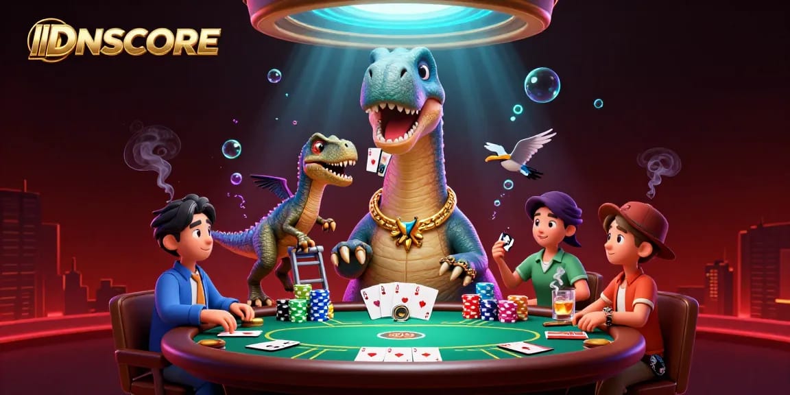 IDNSCORE captivates players with a unique poker scene featuring a dinosaur dealer and vibrant casino elements