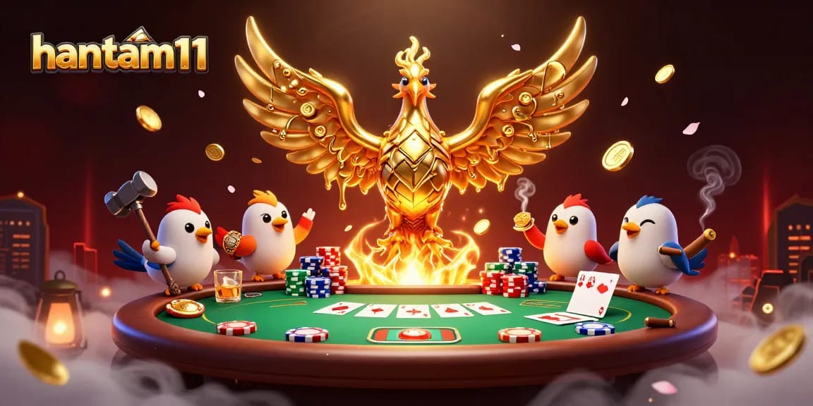 Experience the excitement of hantam11 as the golden phoenix inspires players at a vibrant poker table.