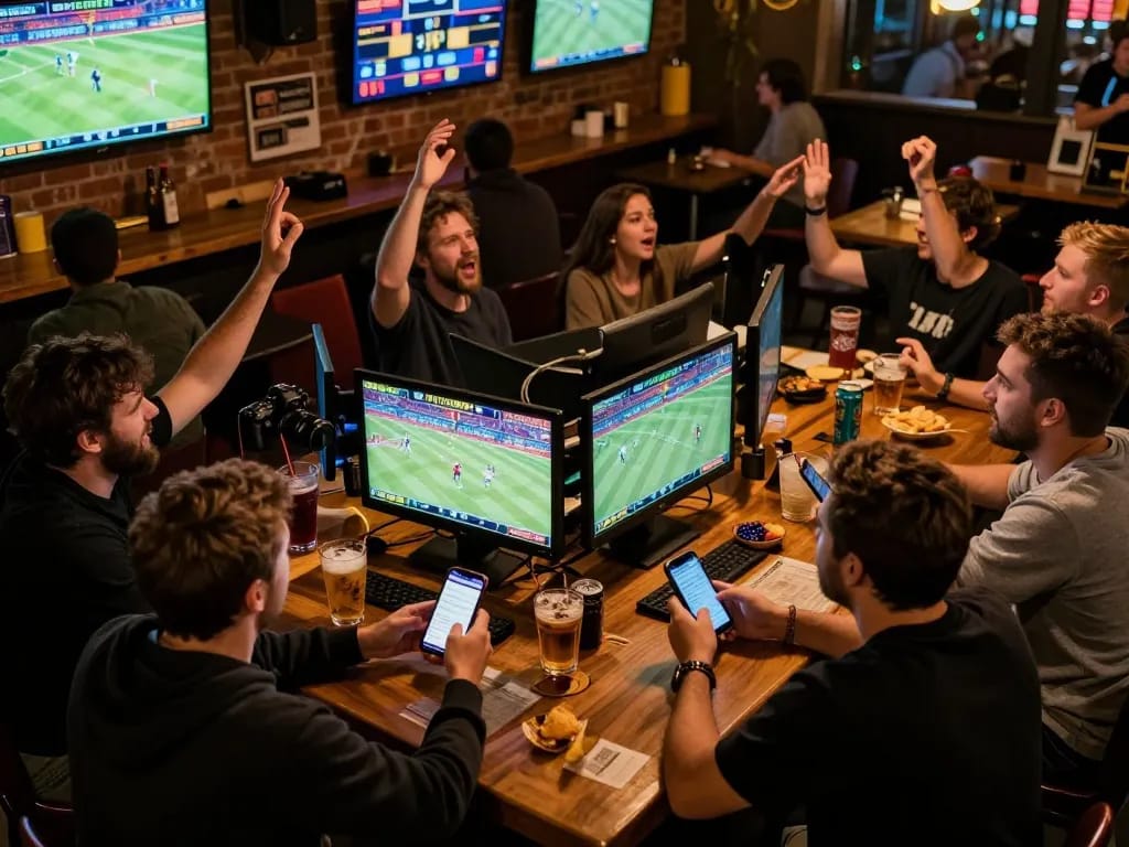Engaged sports bettors using mobile apps during live games at a bar, showing sv368 excitement.