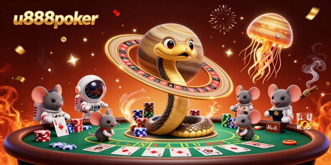 Experience the thrill of U888poker with a poker scene in a cosmic roulette setting.