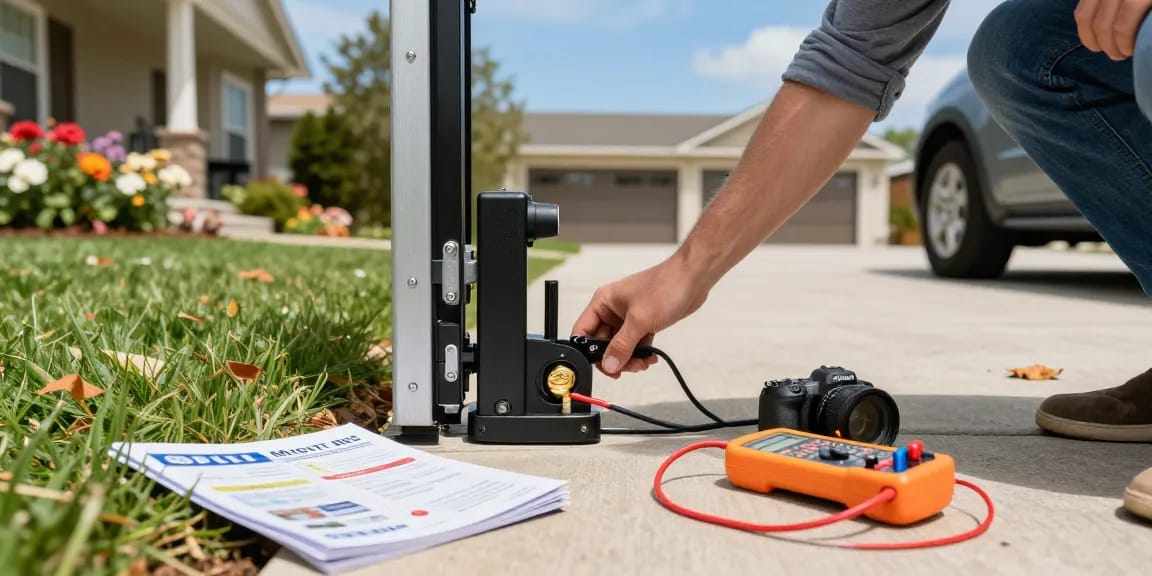 Mighty Mule gate opener not working, person troubleshooting gate mechanism in driveway with tools, clear skies and garden.