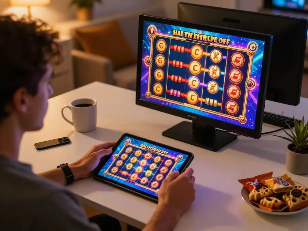 Player engaging with popular slot game on tablet, showcasing vibrant graphics and winning potential