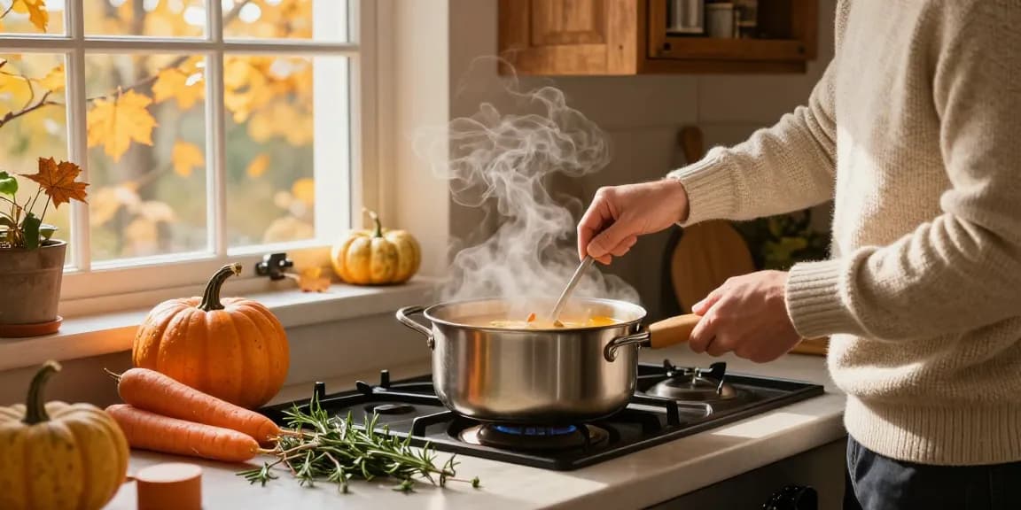 Suppe kaufen mit Zutaten für hausgemachte Suppe und warmer Küchenatmosphäre